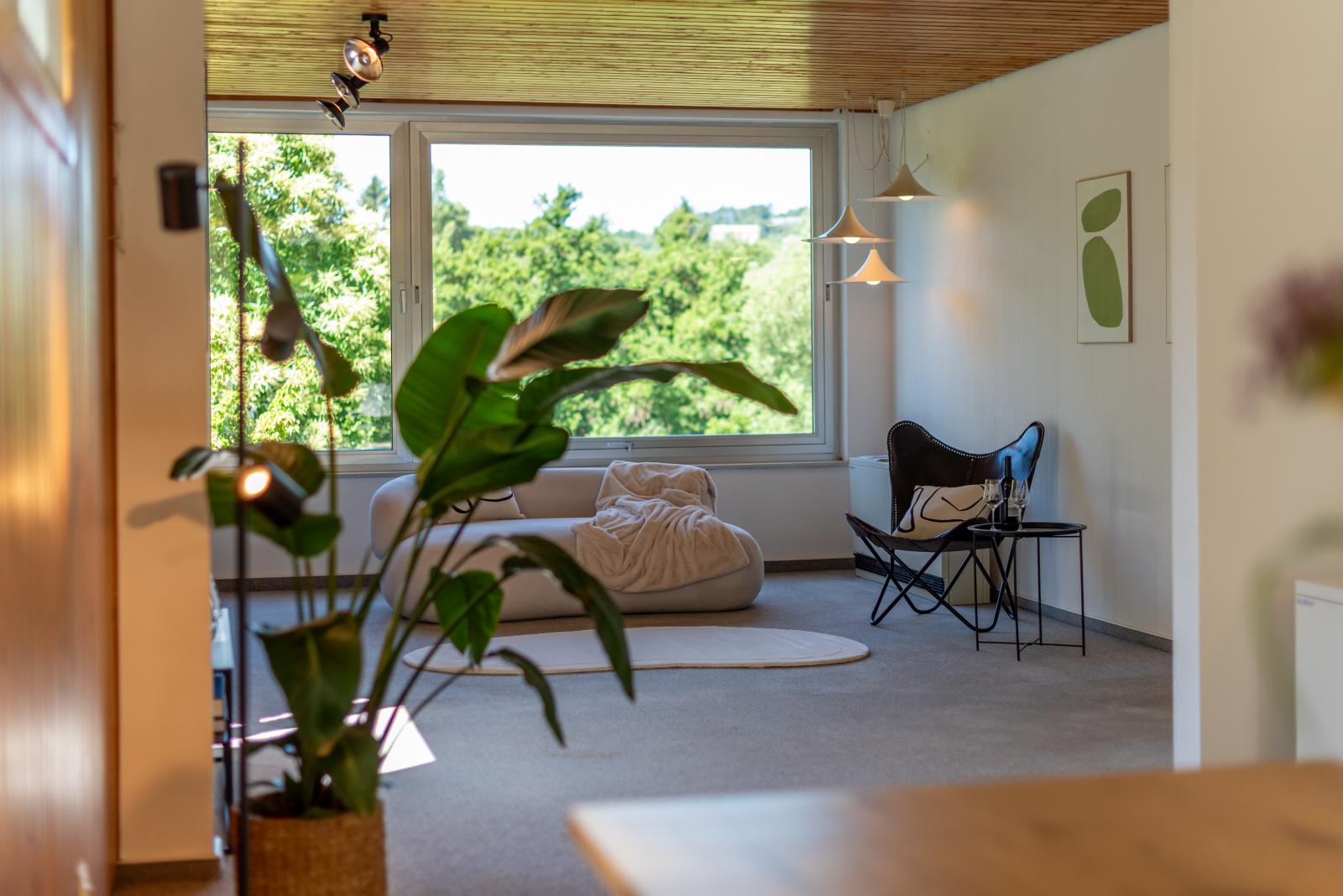 Wohnzimmer eines Architektenhauses mit gemütlicher Sofalandschaft